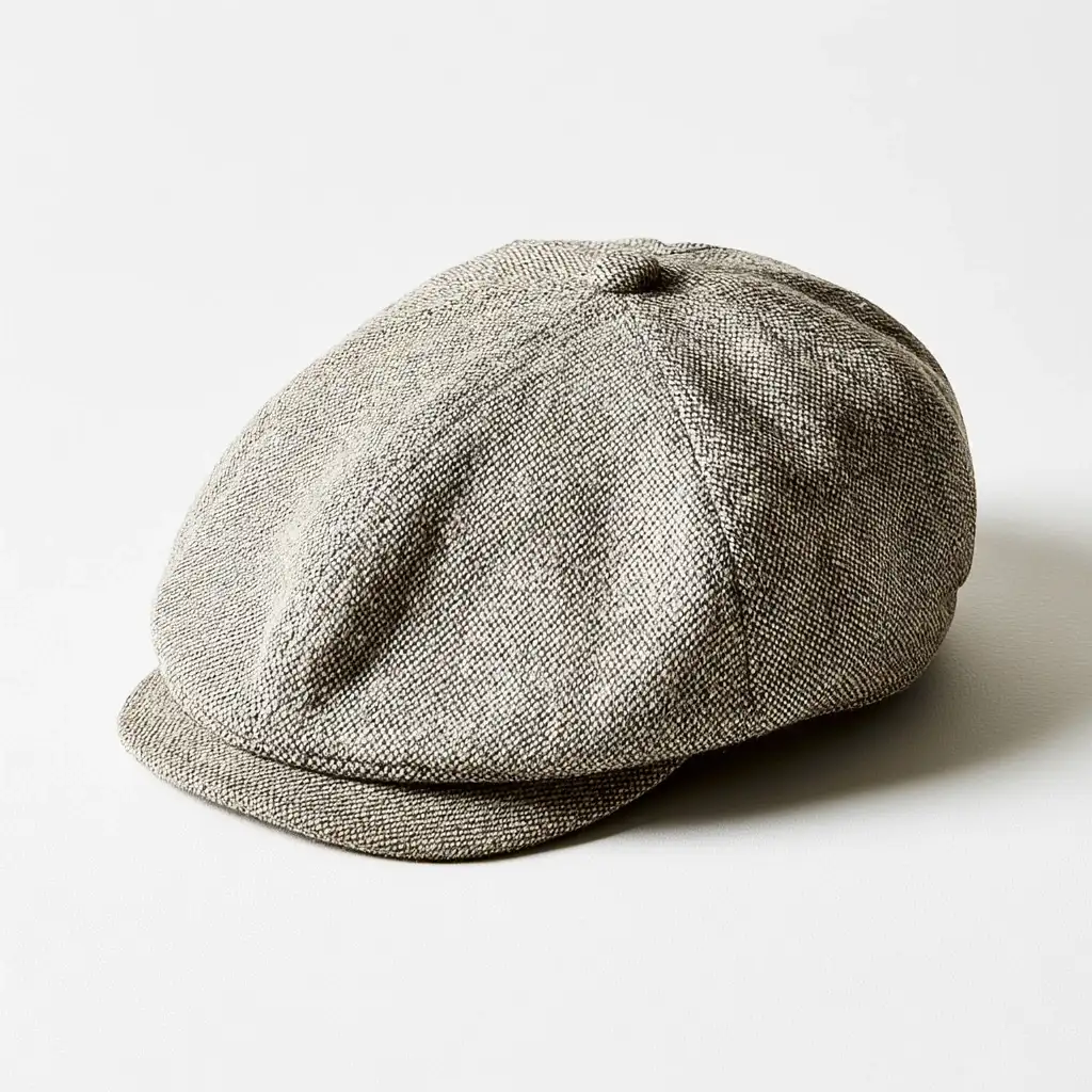 Sixpence / flat cap — flat, fremovervendt skygge og strukturert myk krone