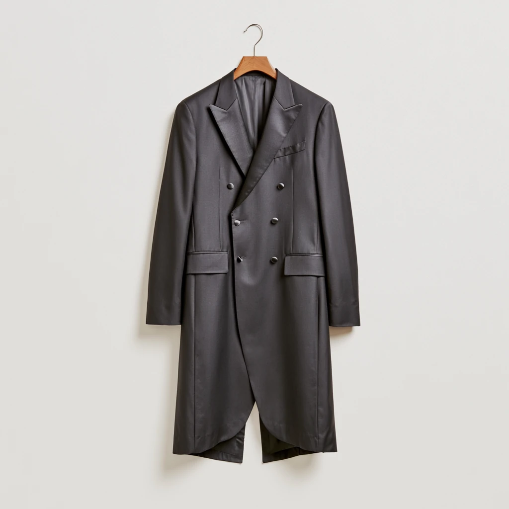 Snippkjolejakke (tailcoat) — sort formell jakke med korte skjøt foran og lange tails bak til white tie-antrekk