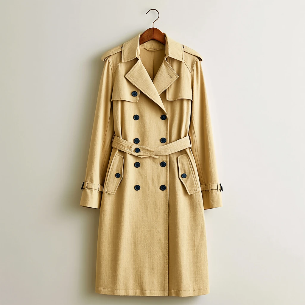Trench coat — klassisk beige dobbeltspent gabardine-frakk med belte og storm-flap